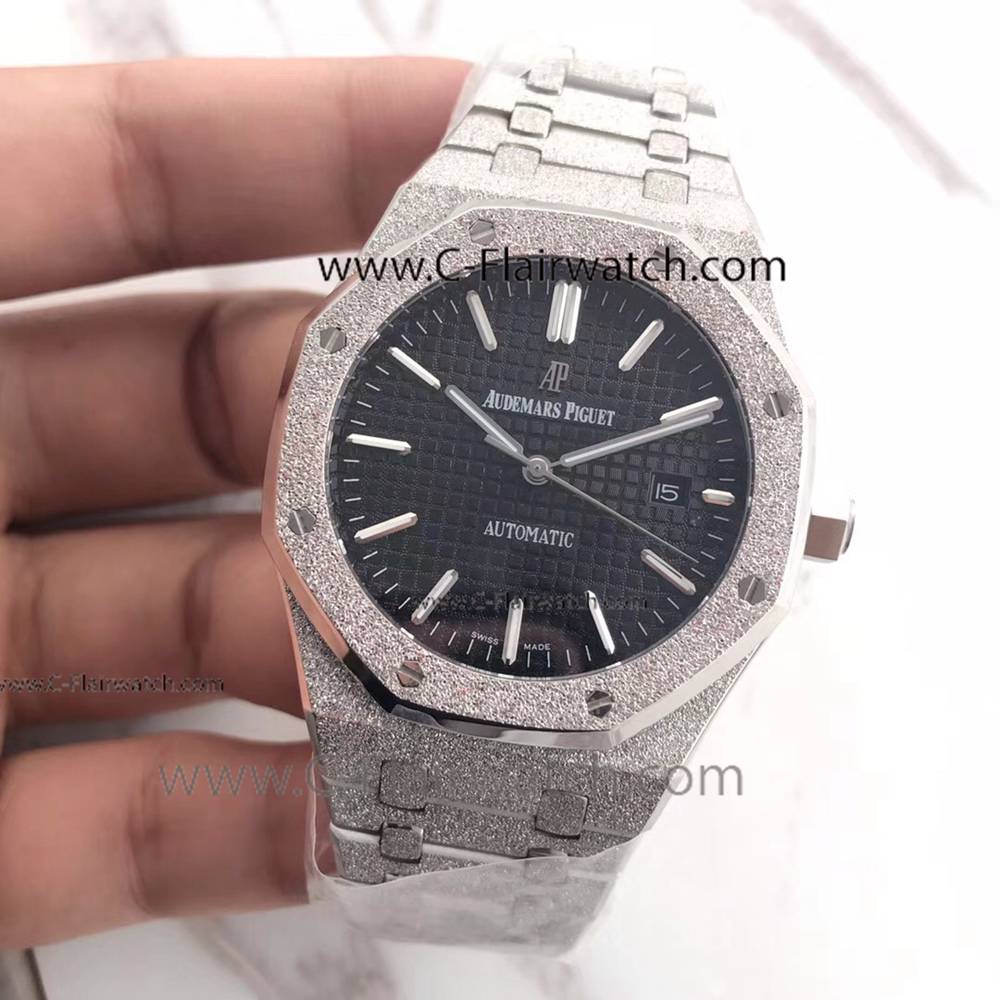 2018 Copy Audemars Piguet Royal Oak Watch SS Frosted Black Dial